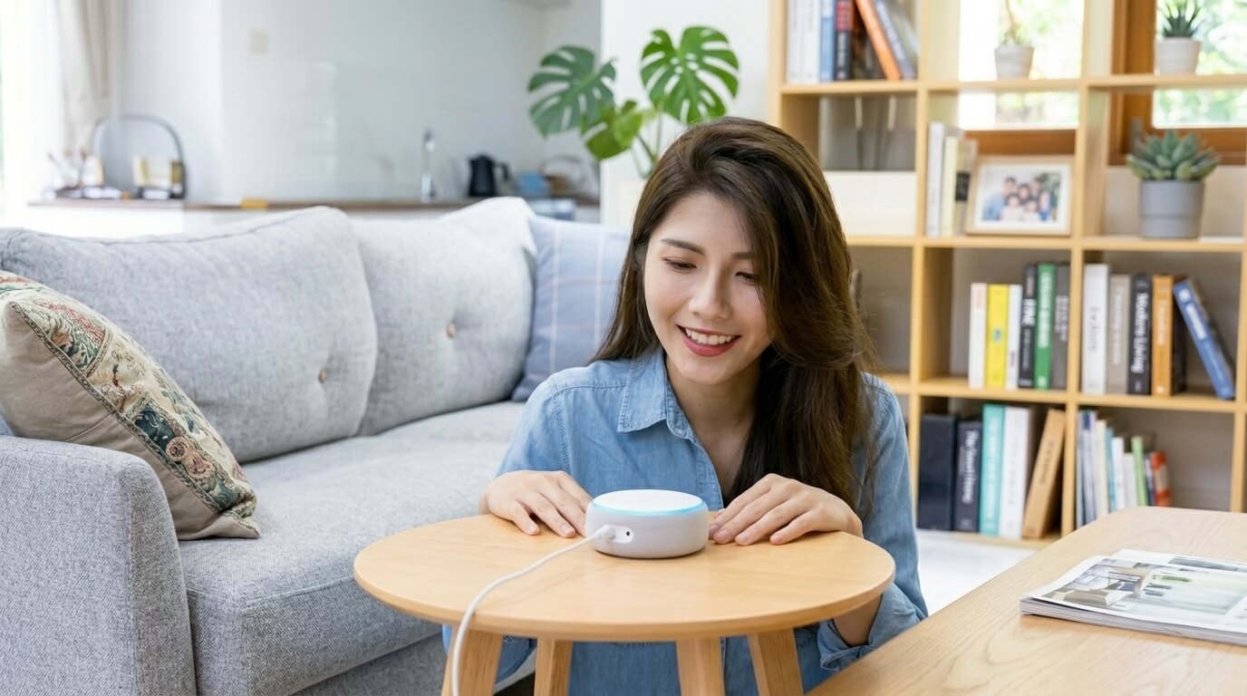 Woman interacting with a white Amazon Echo Dot smart speaker on a wooden table in a living room