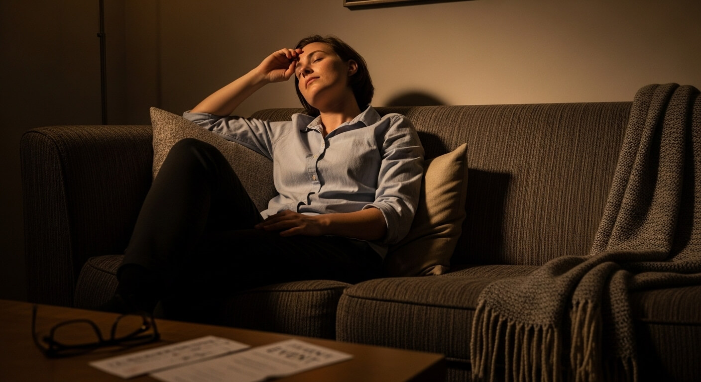 Woman in a blue shirt resting with eyes closed on a couch with pillows and a knitted blanket at night