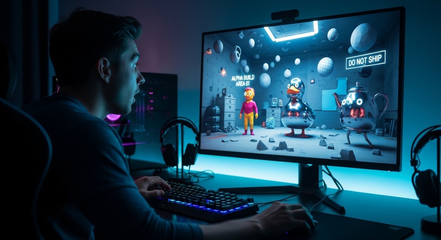 Man playing a video game featuring a cartoon character, a metallic duck, and a teapot with "DO NOT SHIP" text on screen
