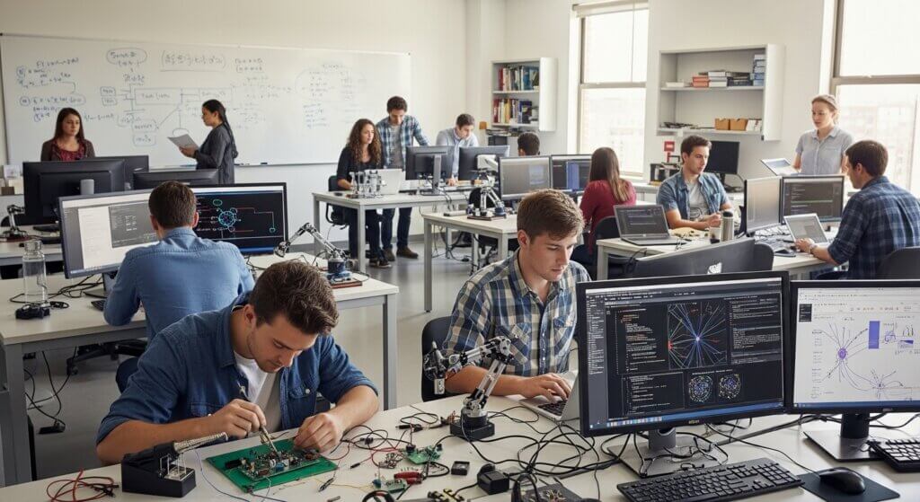 Students working on electronics and coding projects in a bright classroom with computers and robotic arms