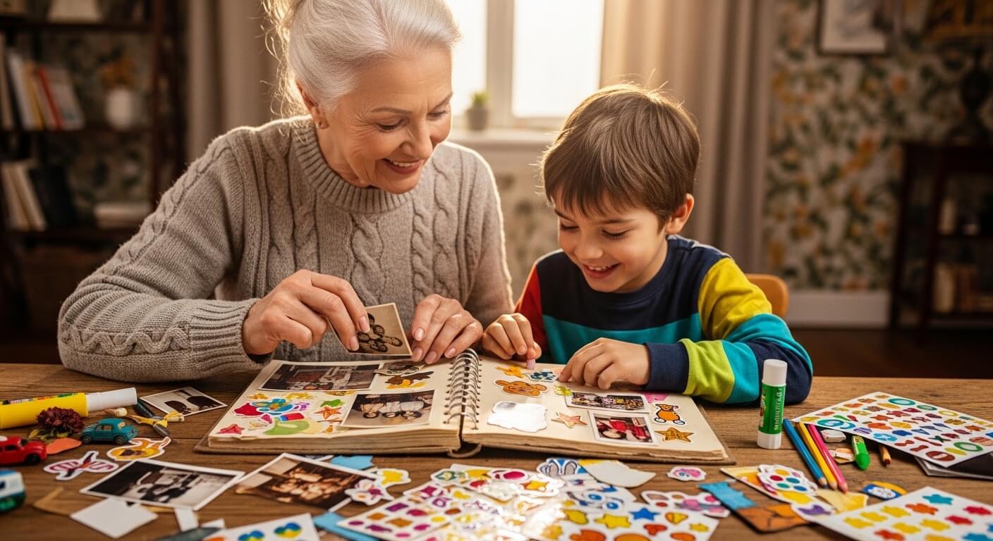 Grandmother and grandson smiling while creating a colorful scrapbook with photos and stickers at a wooden table.