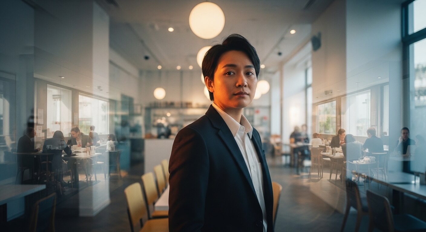 Young professional in a dark suit standing in a modern cafe with people dining in the background.