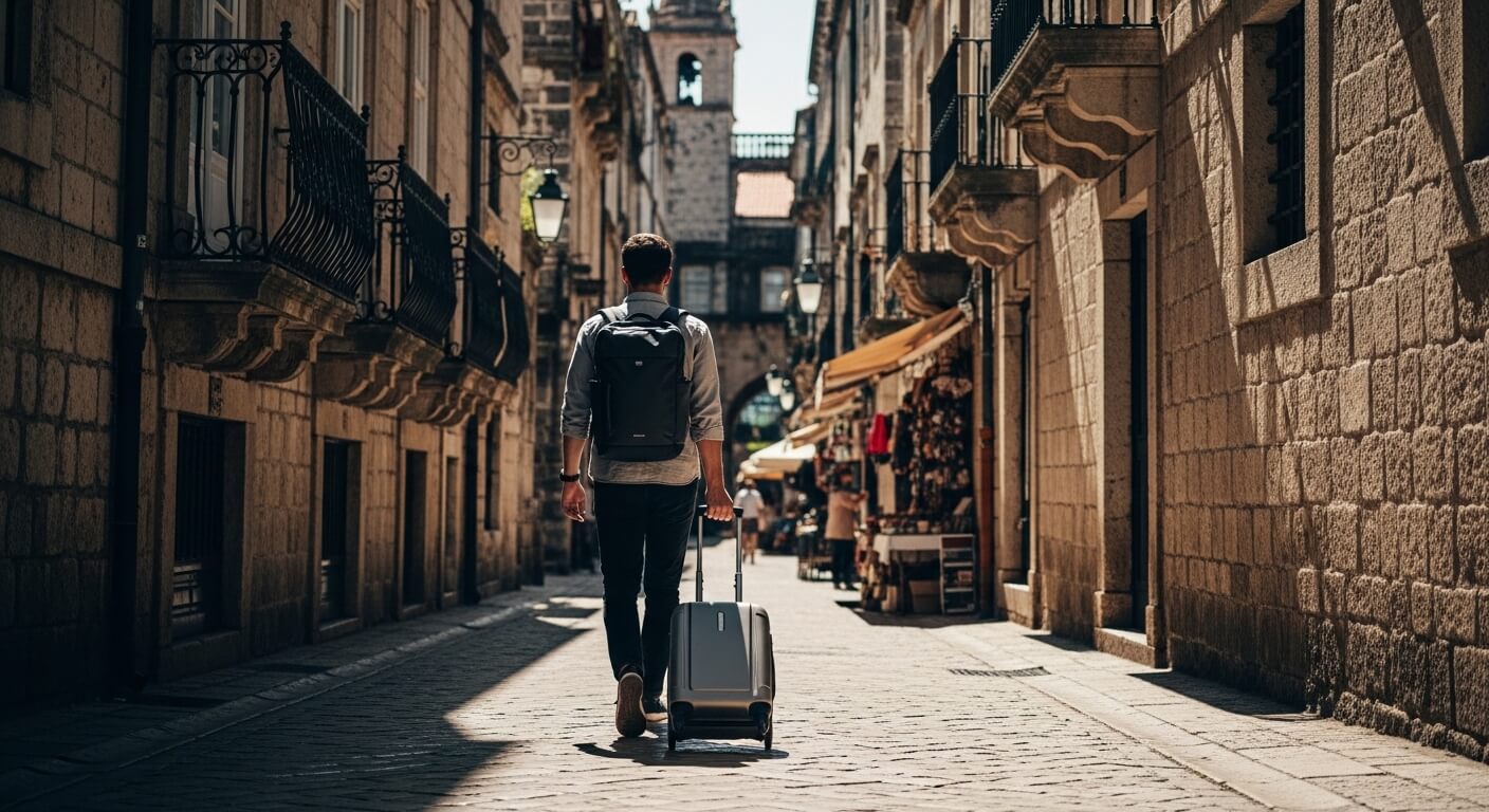 Man walking down a narrow cobblestone street pulling a suitcase and wearing a backpack in a historic city center