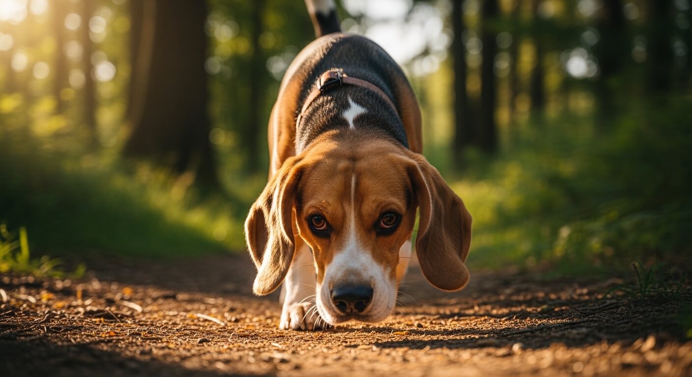 Beagle dog sniffing the ground on a forest path in warm sunlight.