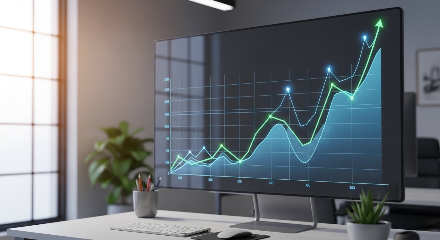 Computer monitor displaying rising line graphs in a modern office setting with plants and a keyboard.