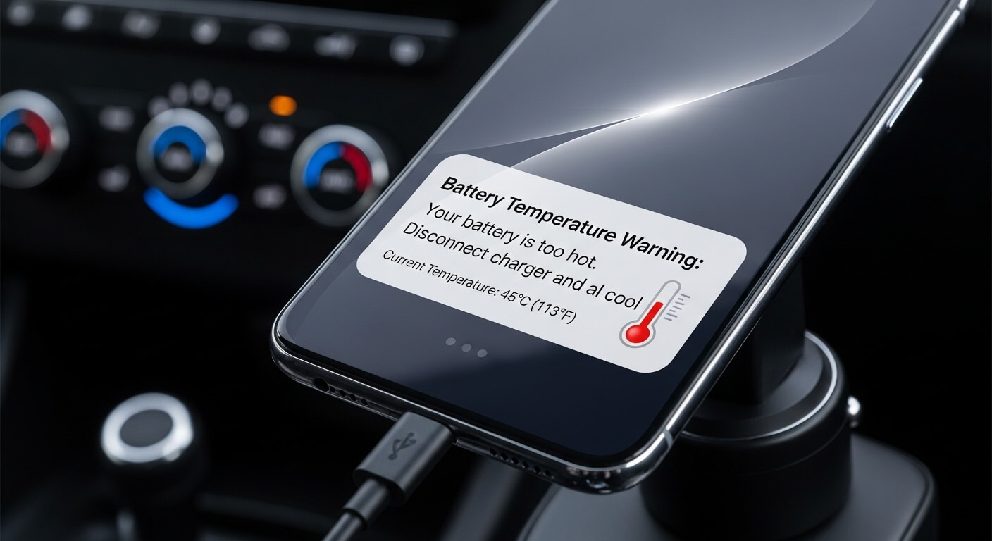 Smartphone in car showing battery temperature warning at 45°C with USB charger connected