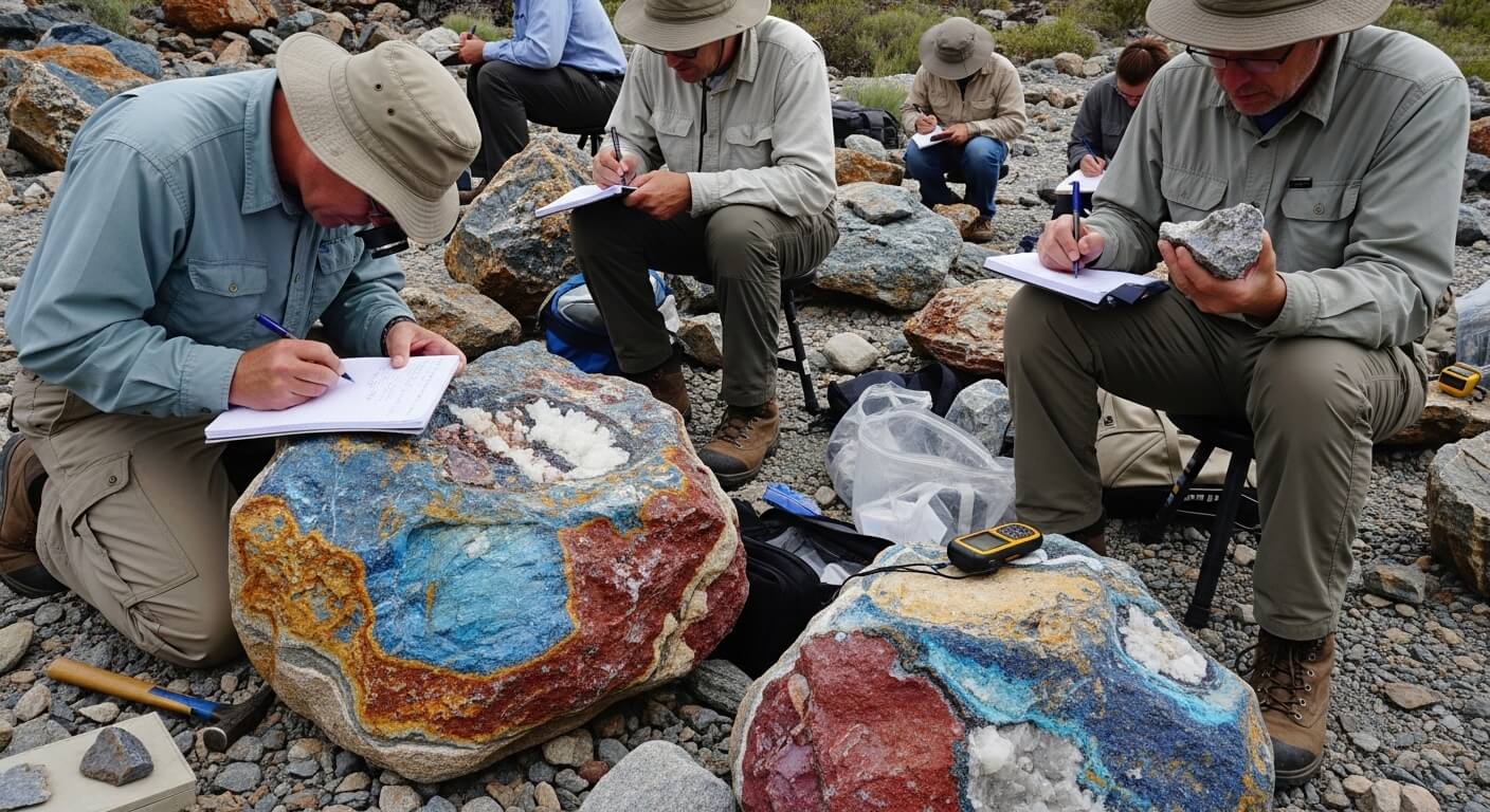Geologists examining and documenting colorful mineral-rich rocks in a rocky outdoor area.