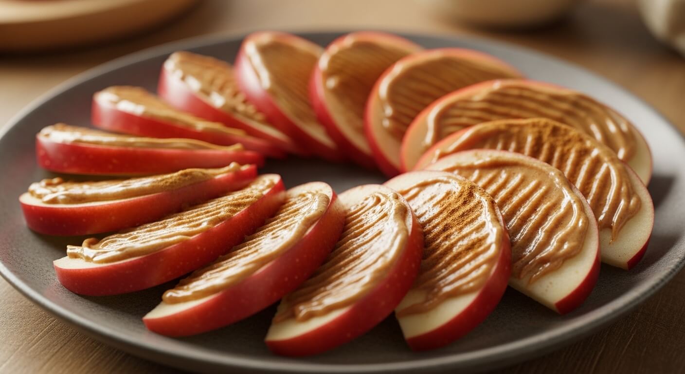 Sliced red apples arranged on a plate with peanut butter spread and sprinkled cinnamon on top.