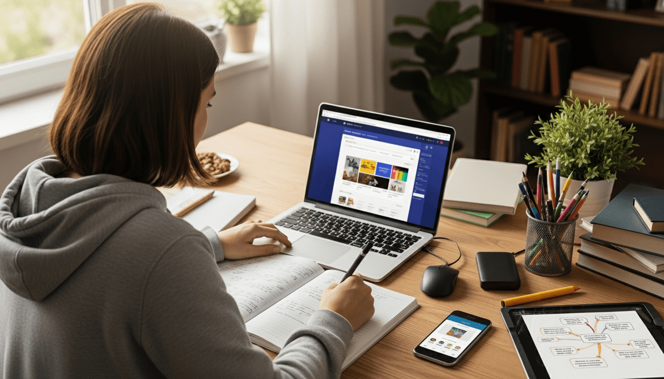 Person studying with a notebook, laptop, smartphone, and tablet displaying educational content on a wooden desk.
