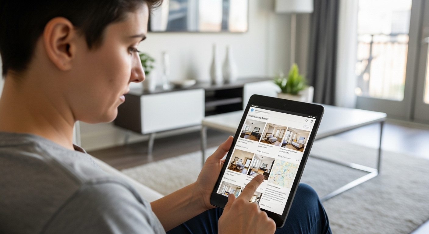 Person browsing rental apartment listings on a tablet in a modern living room.
