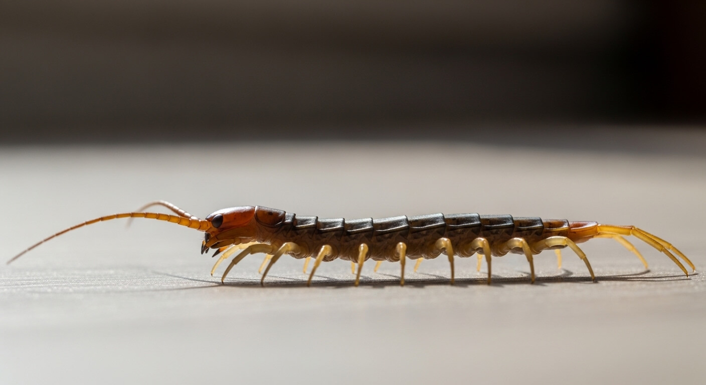 Close-up of a centipede with segmented body and long antennae on a smooth surface.