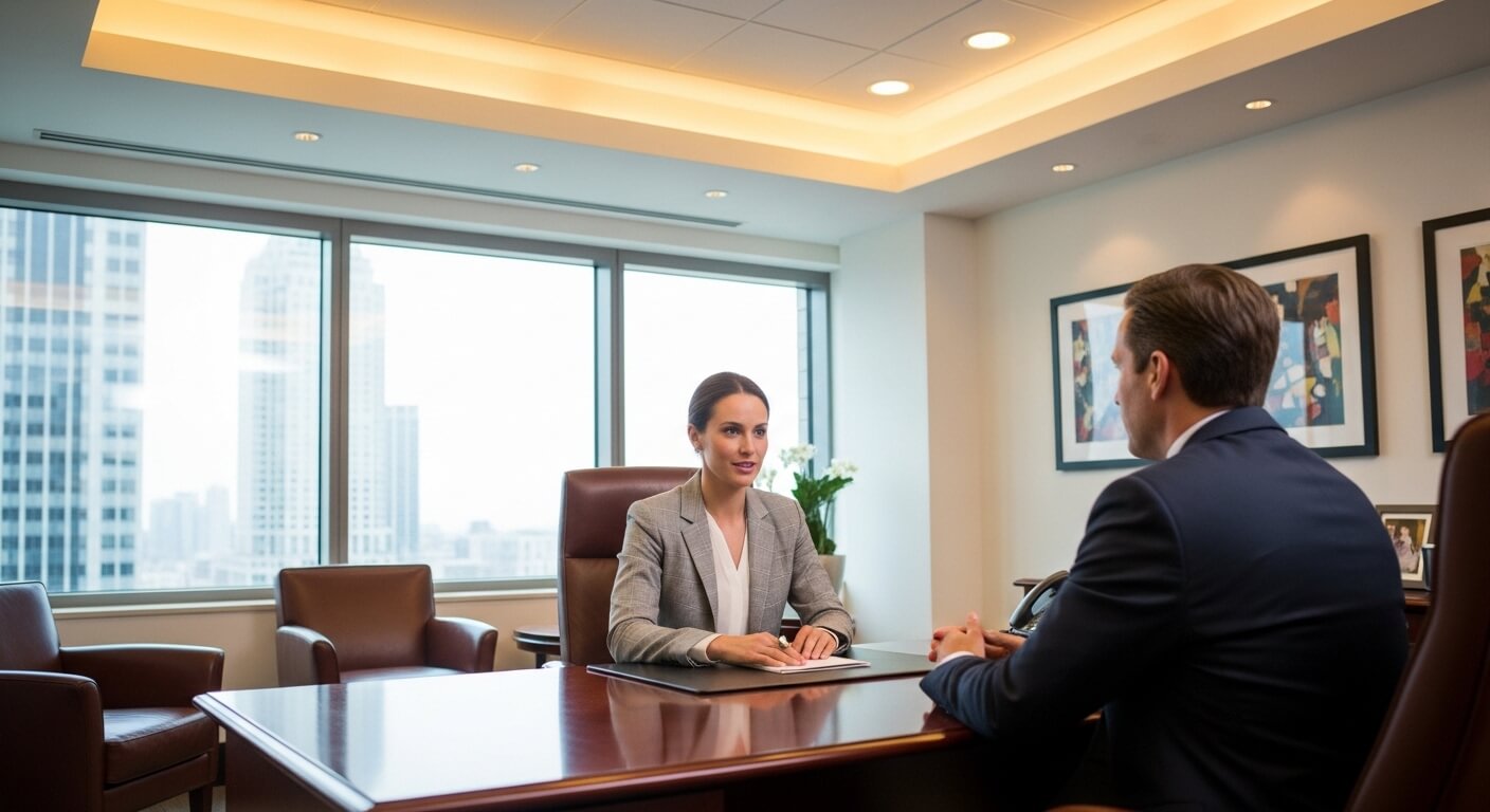 Businesswoman in gray blazer interviewing a man in a suit in a modern office with city views