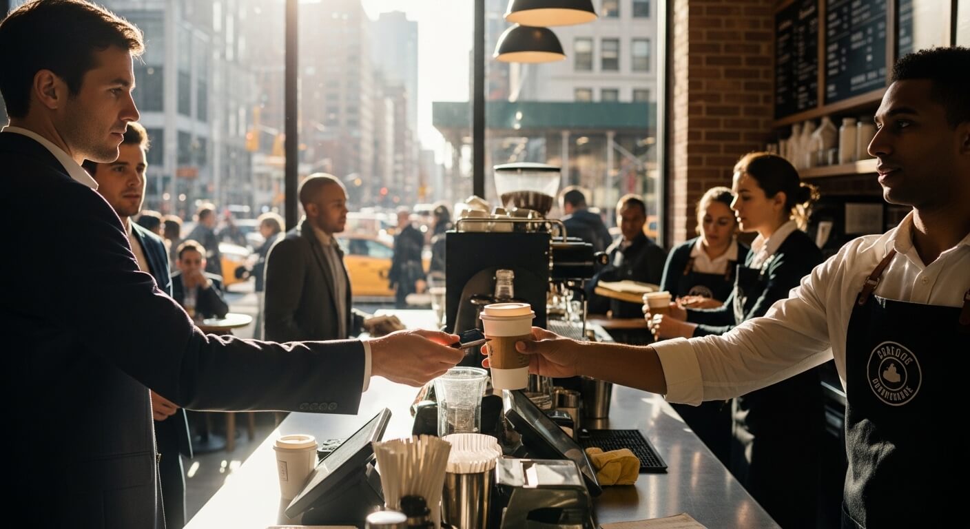 Barista handing a coffee cup to a customer paying with a card at a busy urban coffee shop counter.