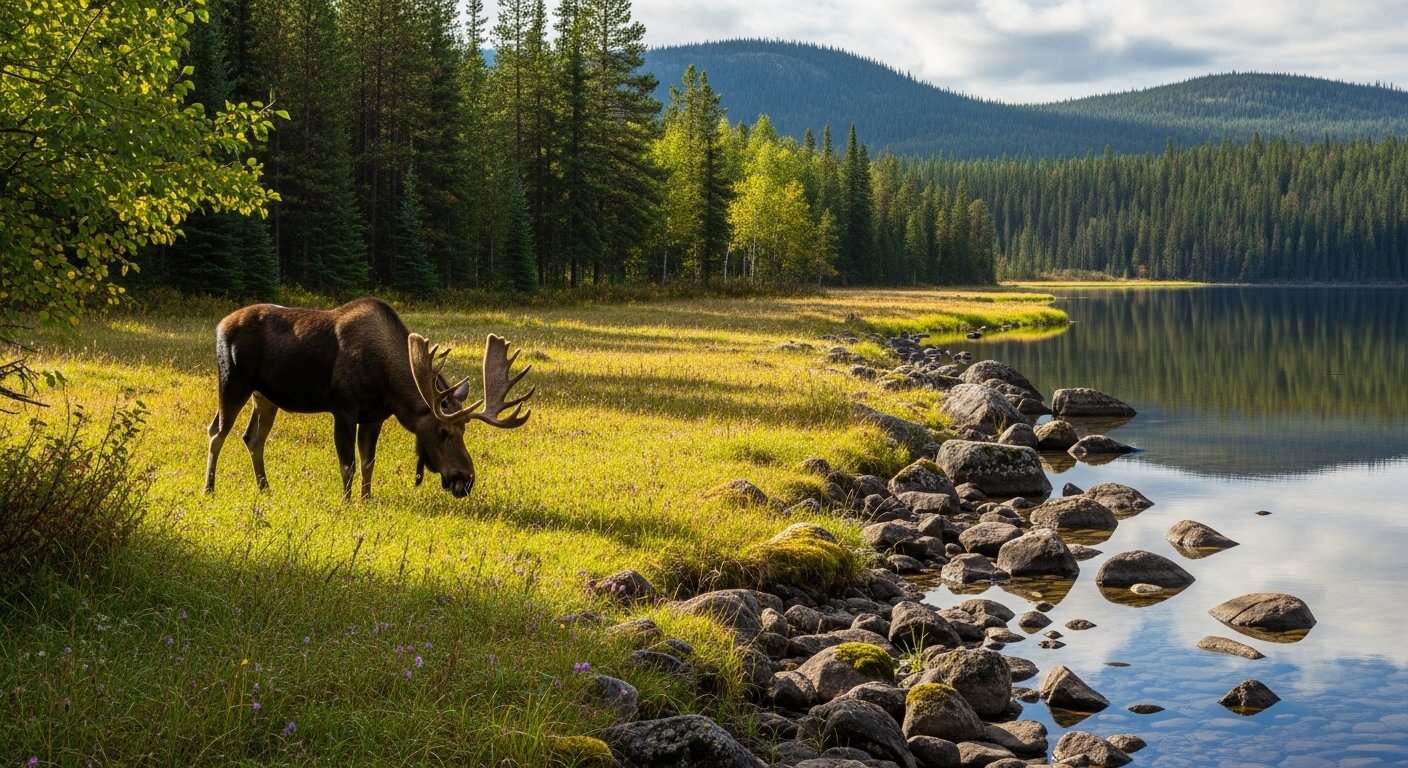 Moose grazing near a rocky lakeshore with forested hills in the background.