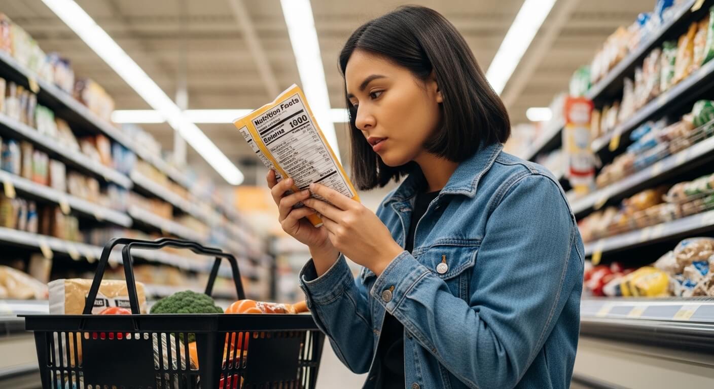Woman in denim jacket reading nutrition facts on a snack package in a grocery store aisle with a basket of groceries