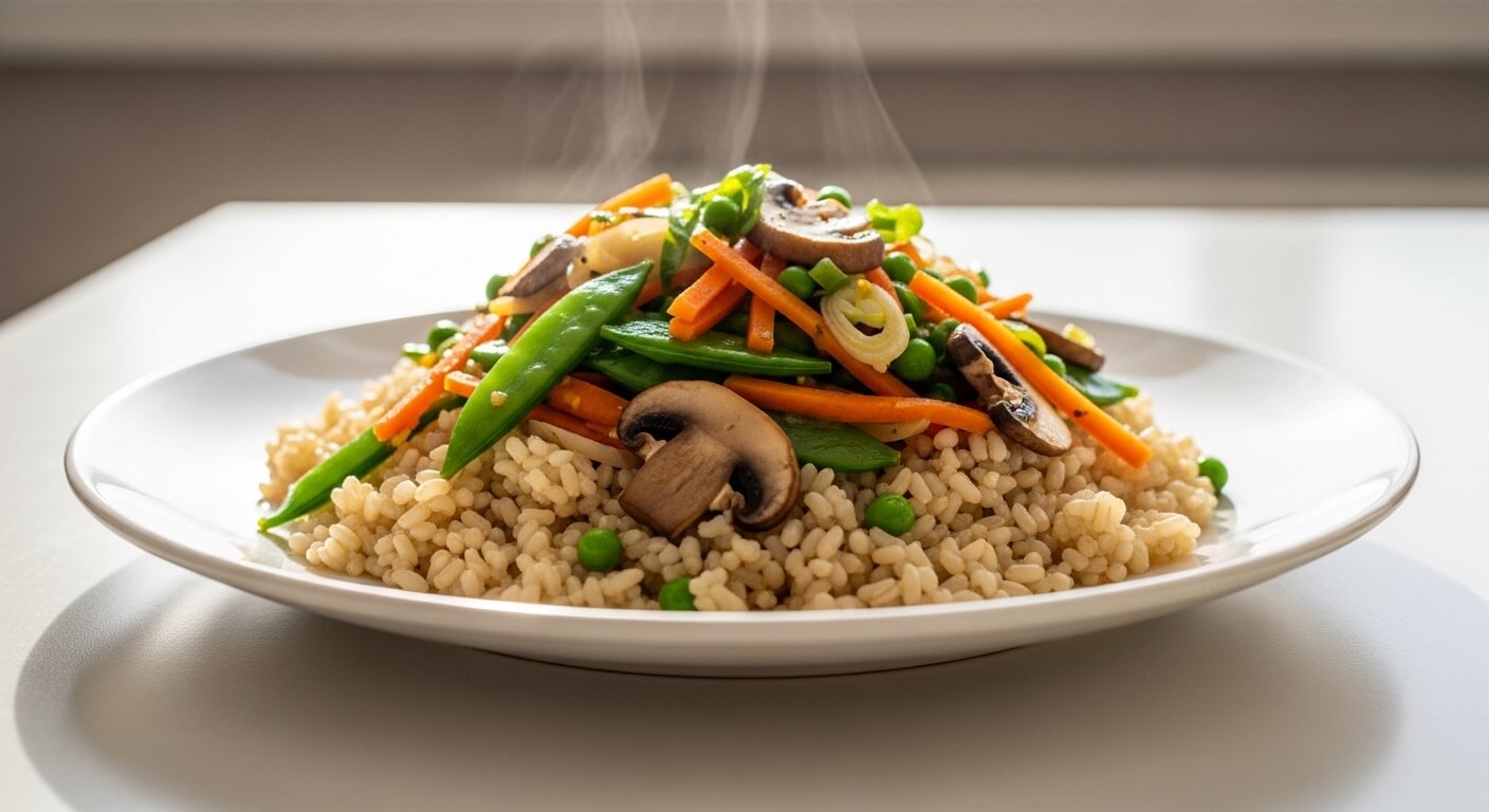 Steaming plate of brown rice topped with sautéed mushrooms, snap peas, carrots, and green peas