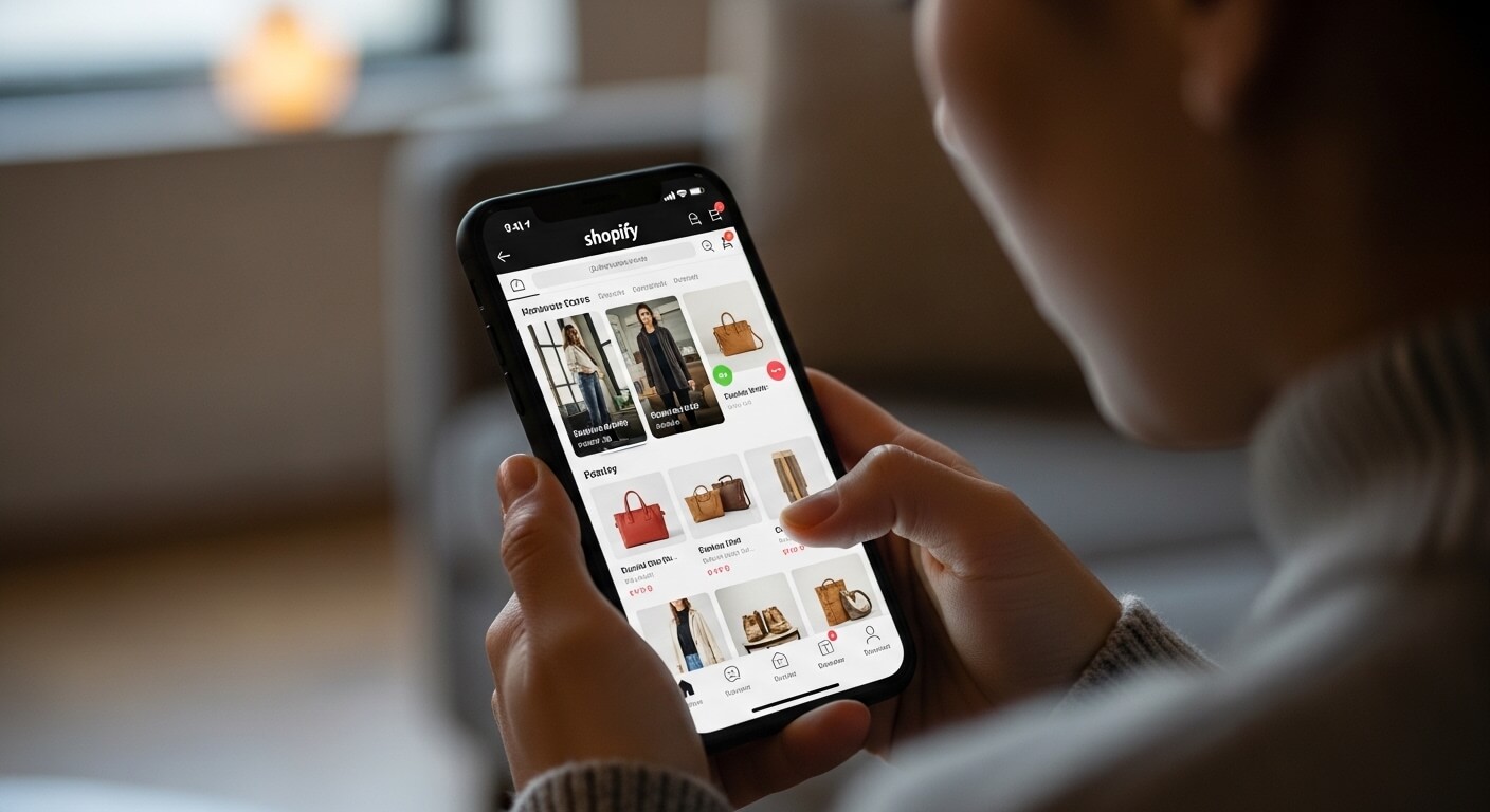 Person browsing handbags and clothing on the Shopify mobile app in a cozy indoor setting