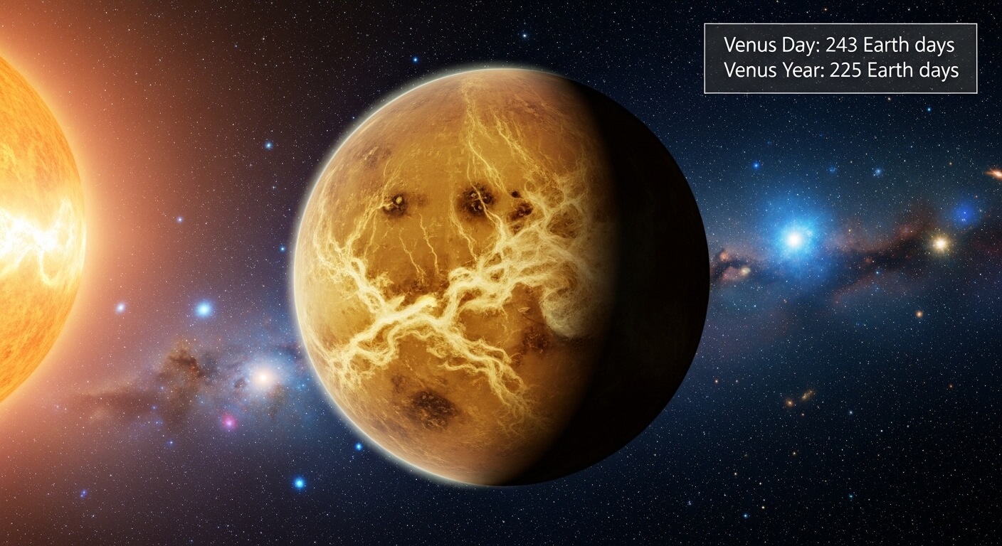 Venus with the Sun in the background and text showing Venus Day as 243 Earth days and Venus Year as 225 Earth days