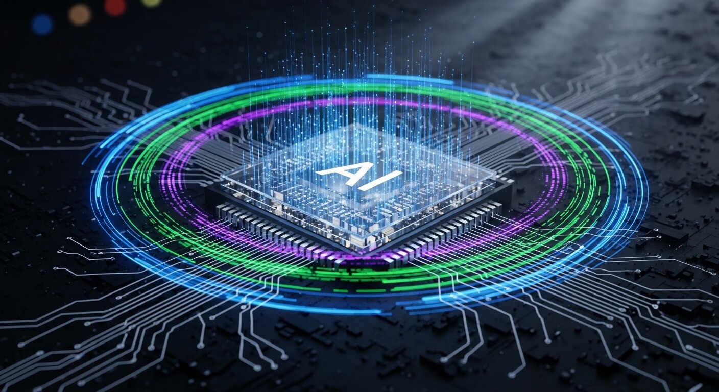 AI chip with glowing blue, green, and purple circular data streams on a dark circuit board background