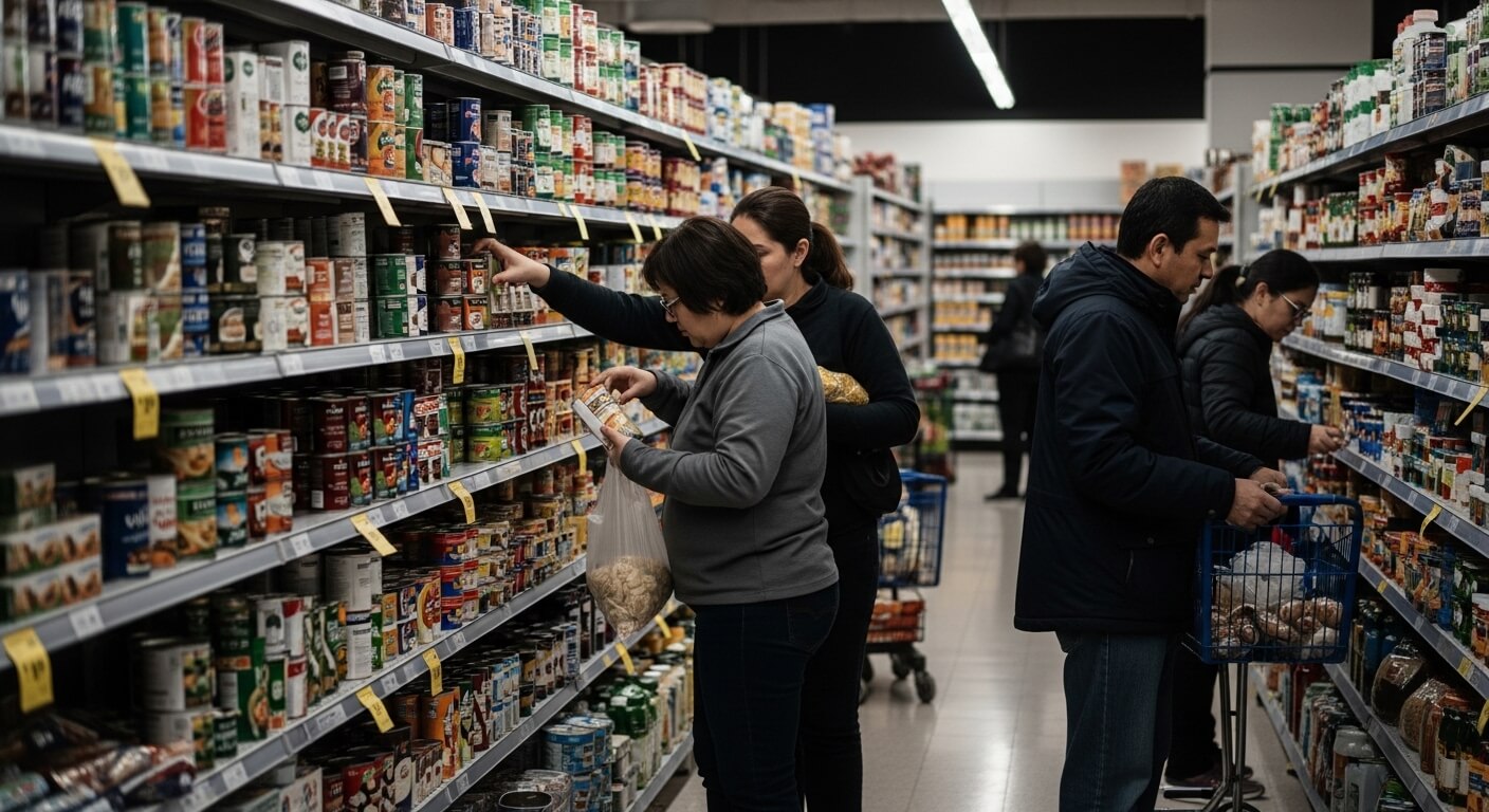 Shoppers selecting canned and packaged goods in a grocery store aisle with shopping carts and bags.