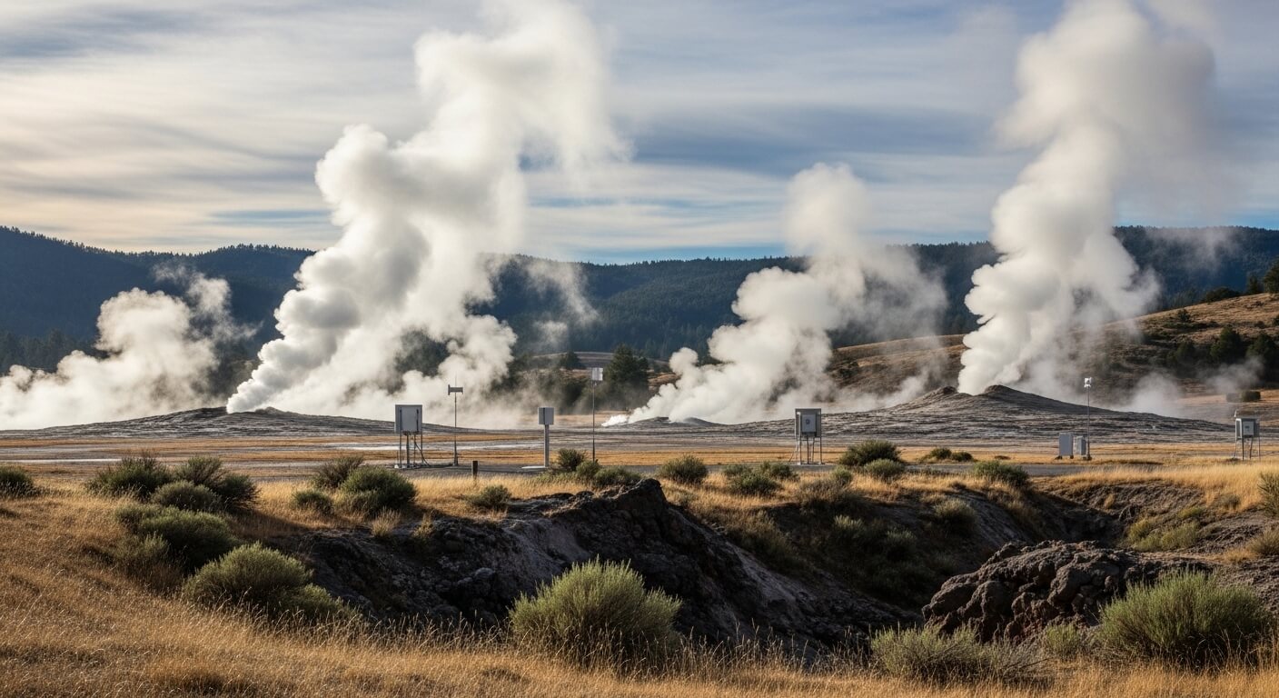 Steam rising from multiple geysers in a geothermal area with dry grass and hills in the background