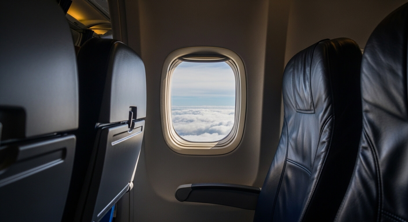 Airplane window view showing clouds outside with empty black leather passenger seats inside cabin