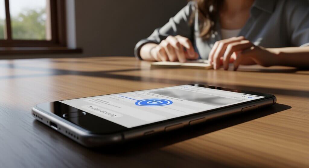 Smartphone on a wooden table displaying a Google account security page with a person typing on a laptop in the background.