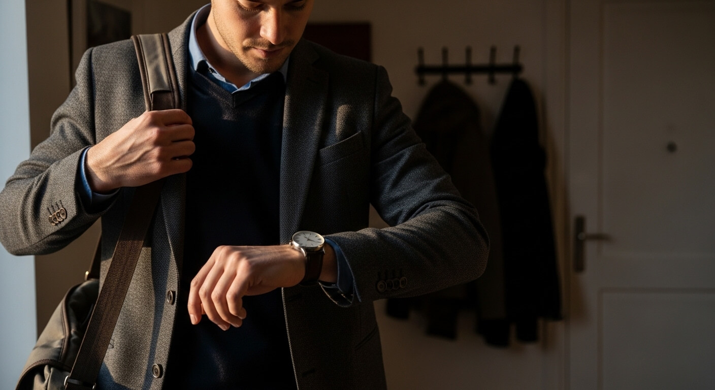 Man in blazer and sweater checking wristwatch while holding bag strap indoors