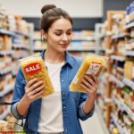 Woman comparing two packs of pasta, one labeled "SALE," in a grocery store aisle with shelves of pasta products.
