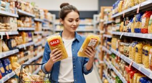 Woman comparing two packs of pasta, one labeled "SALE," in a grocery store aisle with shelves of pasta products.