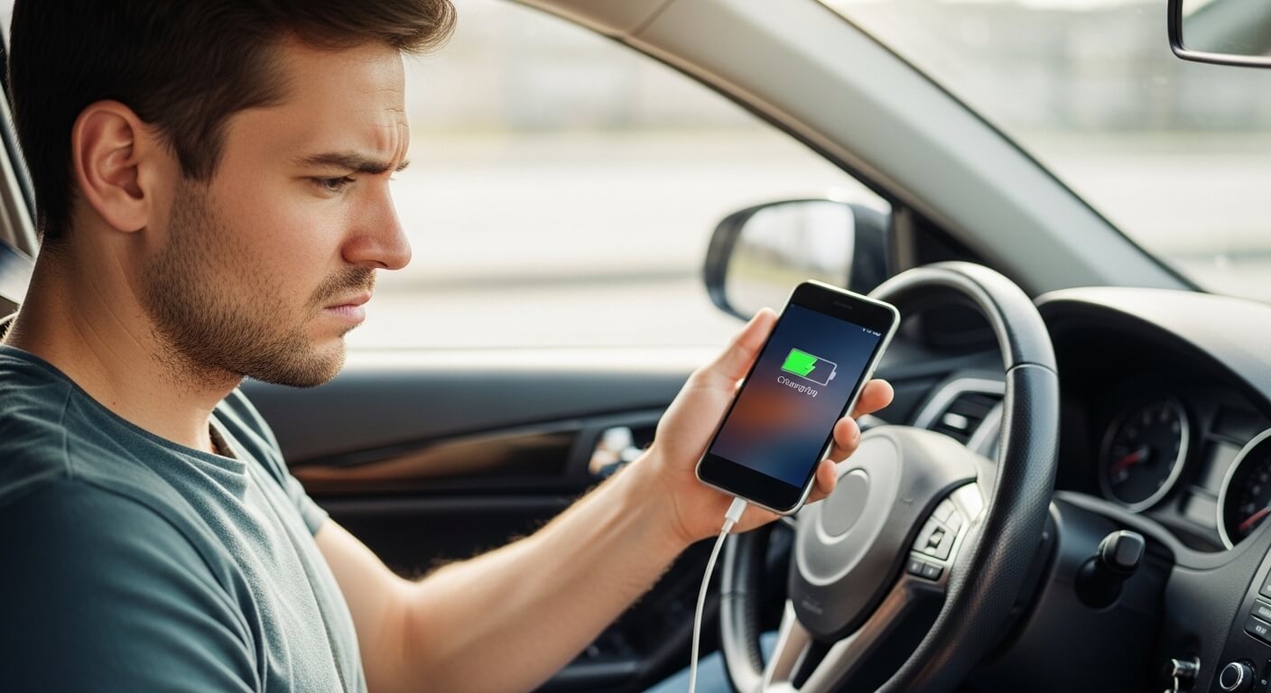 Man sitting in car holding smartphone showing charging battery icon on screen