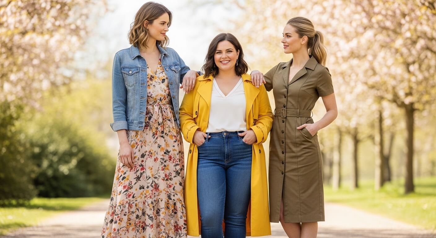 Three women standing outdoors on a tree-lined path, wearing a floral dress with denim jacket, yellow coat with jeans, and olive green buttoned dress.