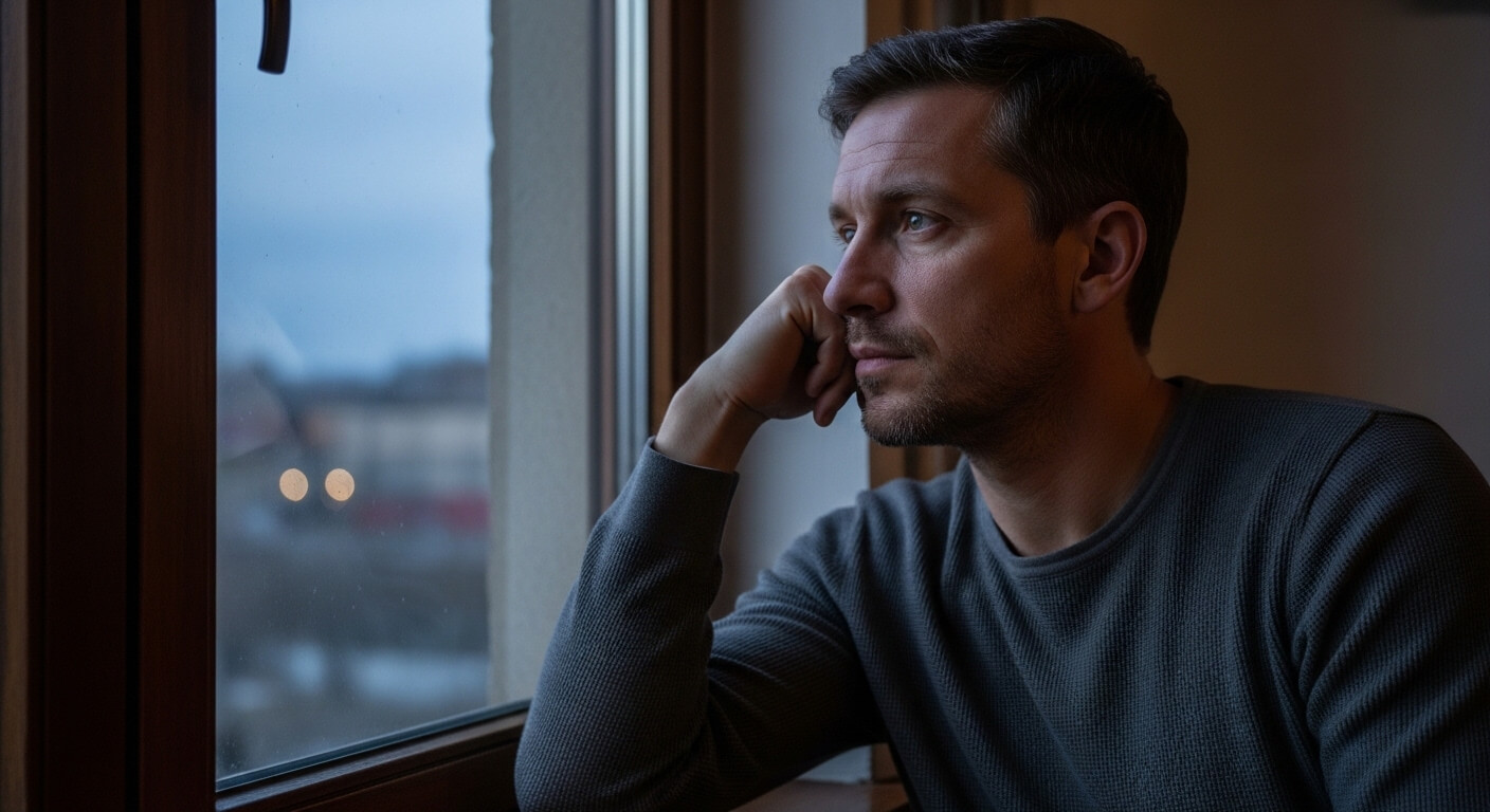 Man in gray sweater resting his head on his hand while looking out a window at dusk
