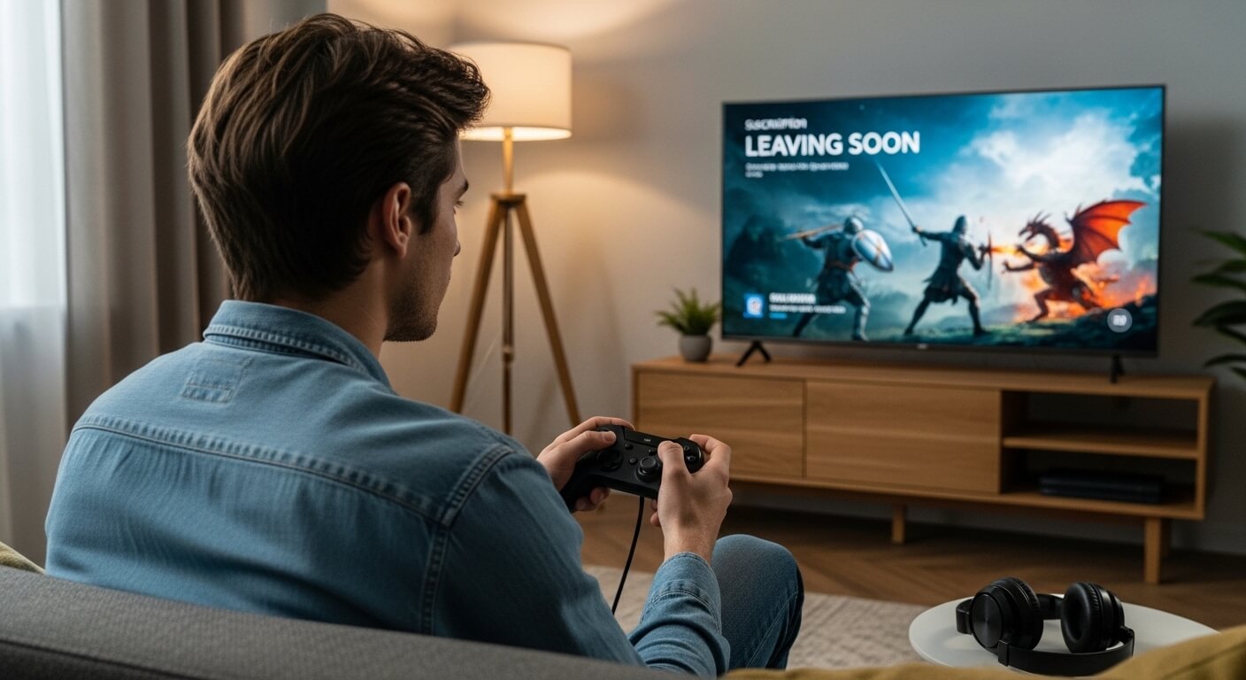 Man playing video game with controller on couch, TV screen showing "Leaving Soon" game with knights and dragon.