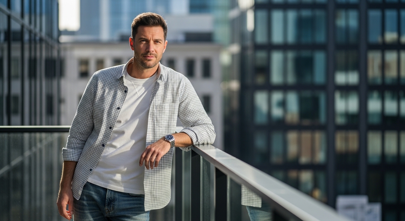 Man in casual checkered shirt and white t-shirt leaning on balcony railing in urban setting
