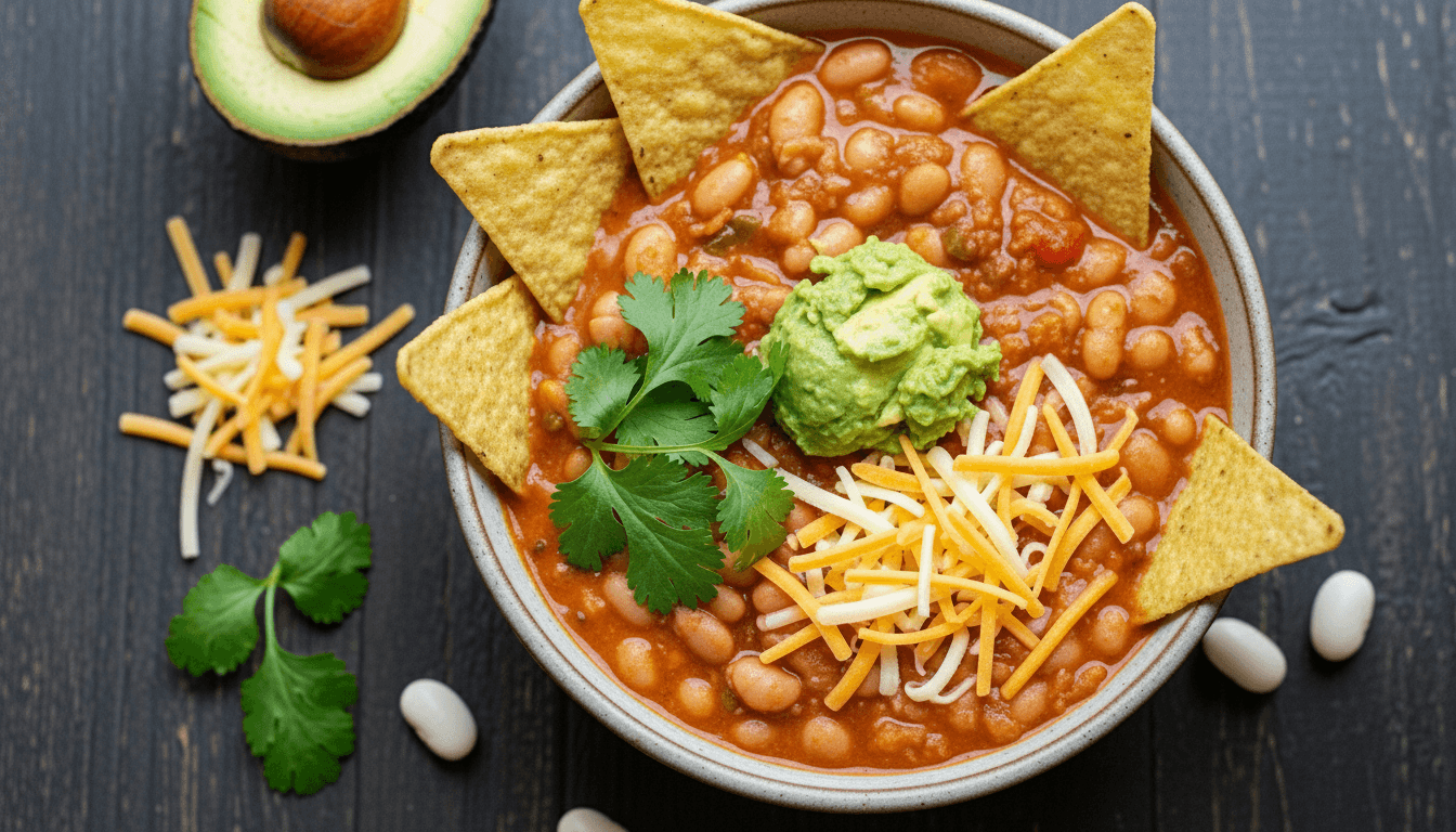 Bowl of white bean chili topped with shredded cheese, guacamole, cilantro, and tortilla chips on a dark wooden table.