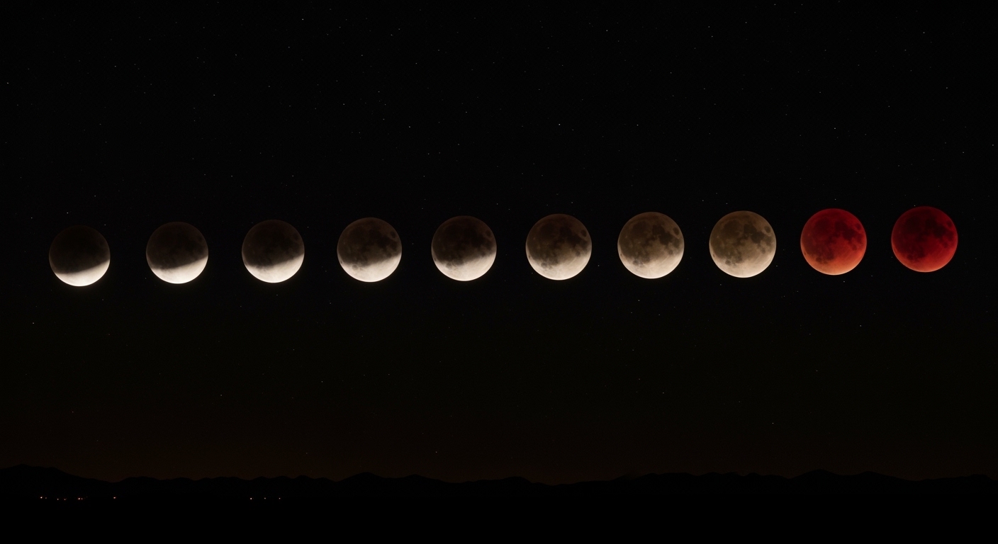 Sequence of lunar eclipse phases from partial shadow to blood moon over a dark horizon.