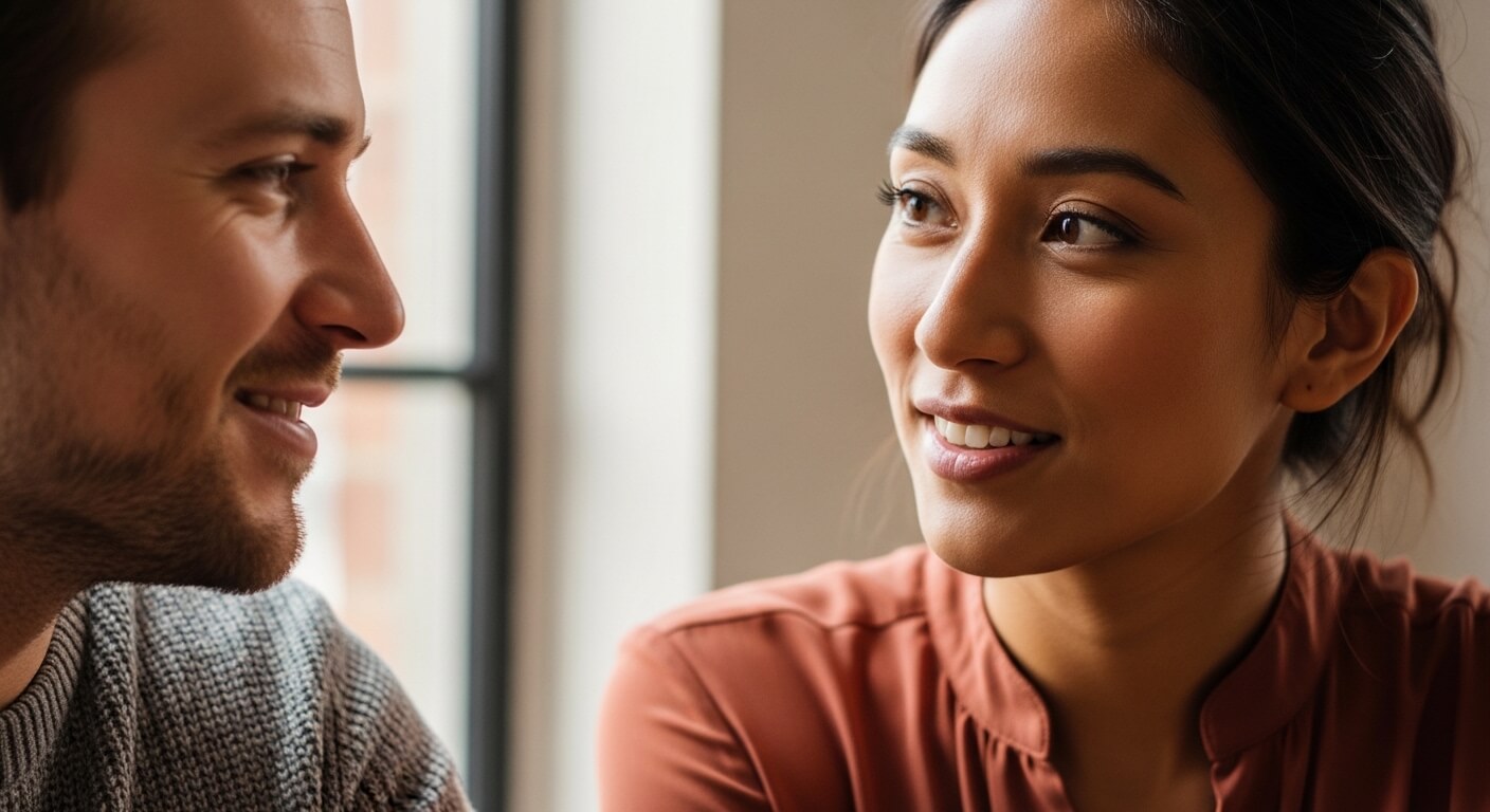 Close-up of a man and woman smiling and looking at each other indoors near a window.