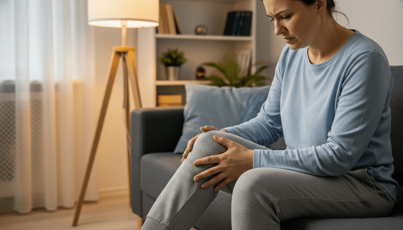 Woman sitting on a couch holding her knee in pain in a living room setting.