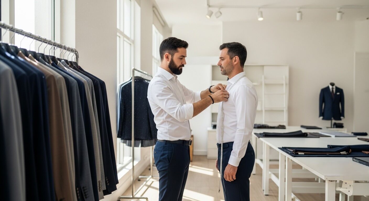 Tailor measuring a man's chest with a tape in a bright fitting room with suits on racks and tables.