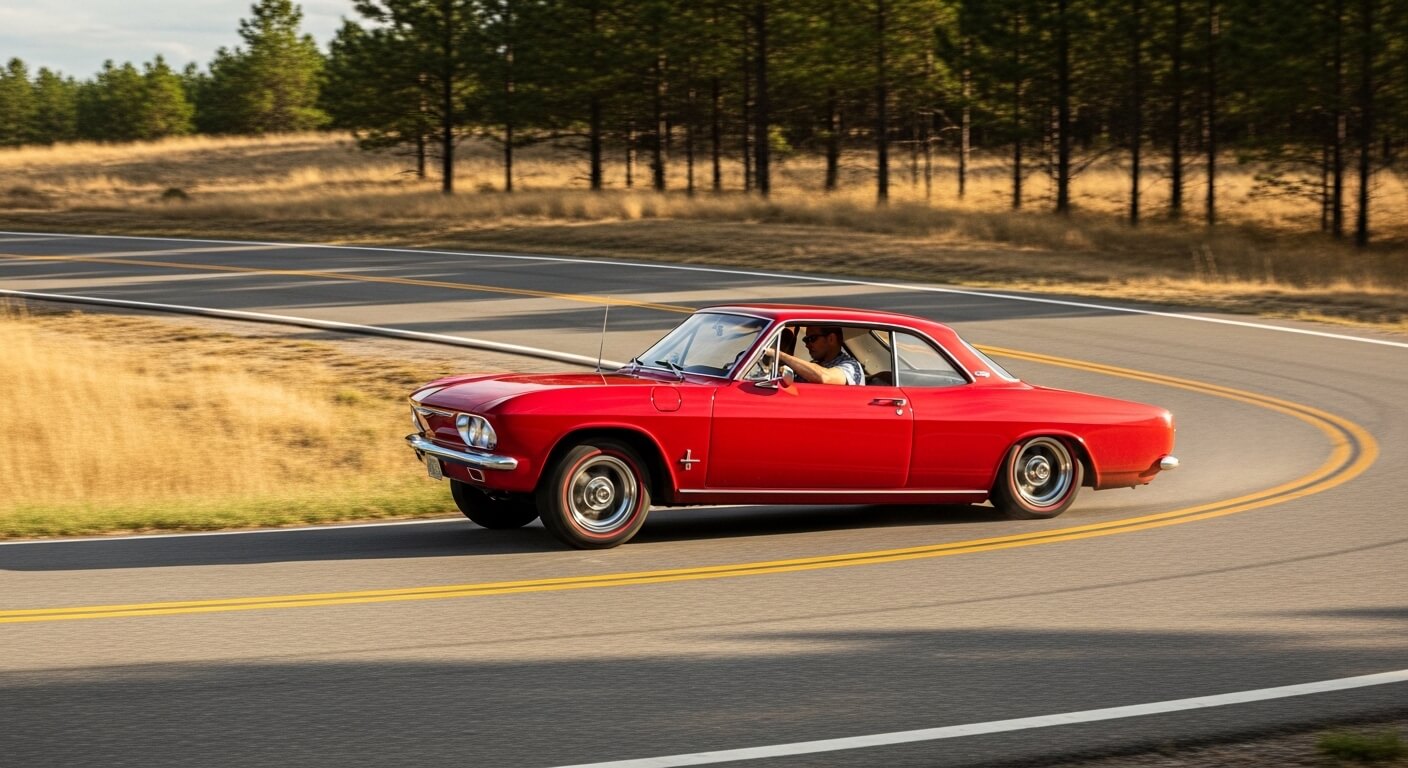 Red classic Chevrolet Corvair coupe driving on a curved road with a man wearing sunglasses behind the wheel.