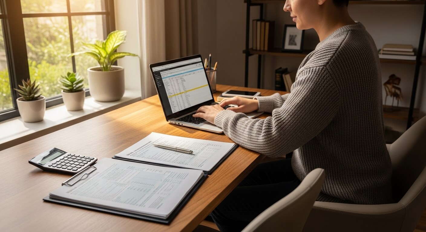 Person in gray sweater working on laptop with financial documents and calculator on wooden desk near window plants