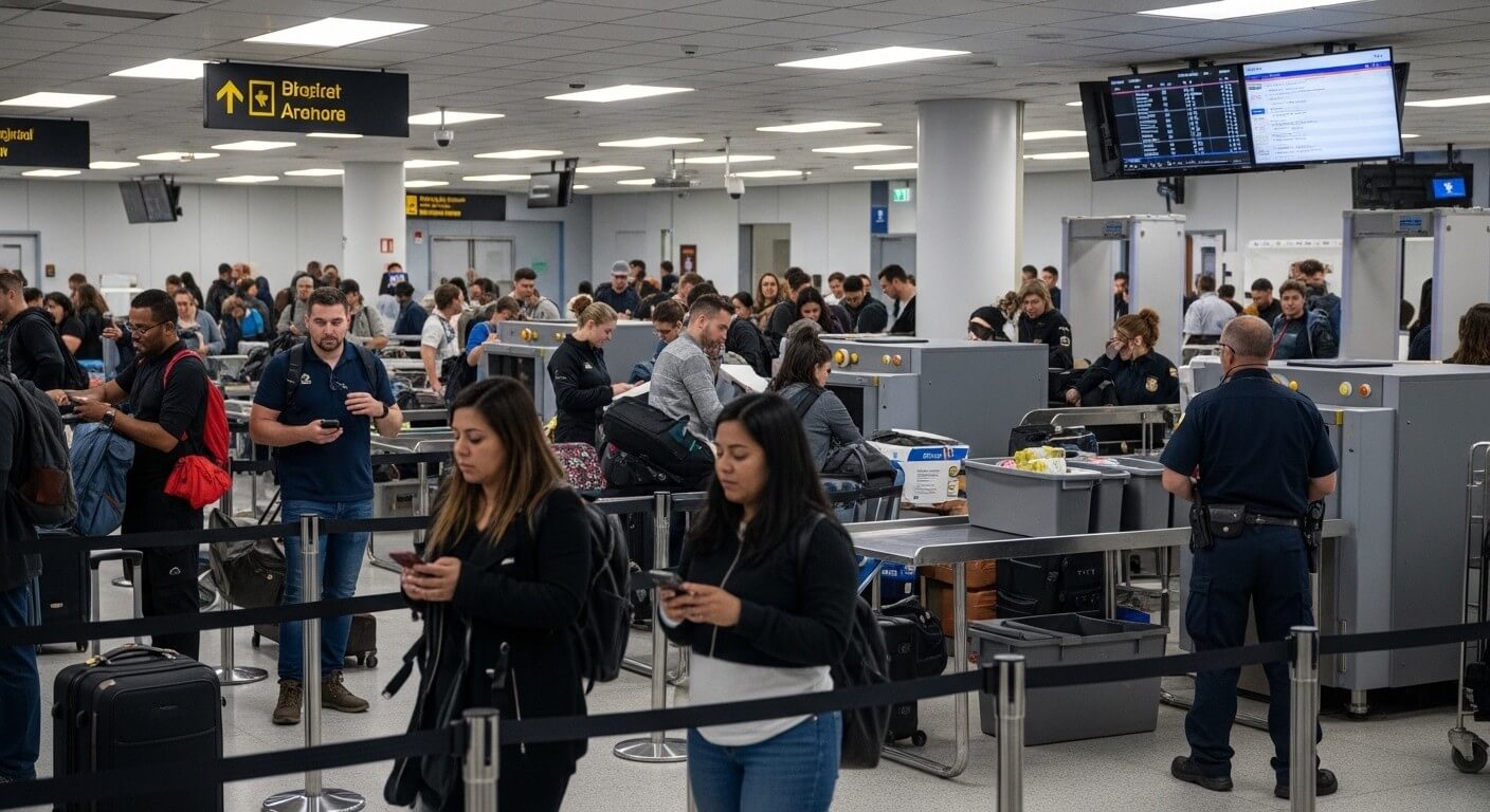 Passengers waiting in line and going through security screening at an airport checkpoint with TSA officers present.