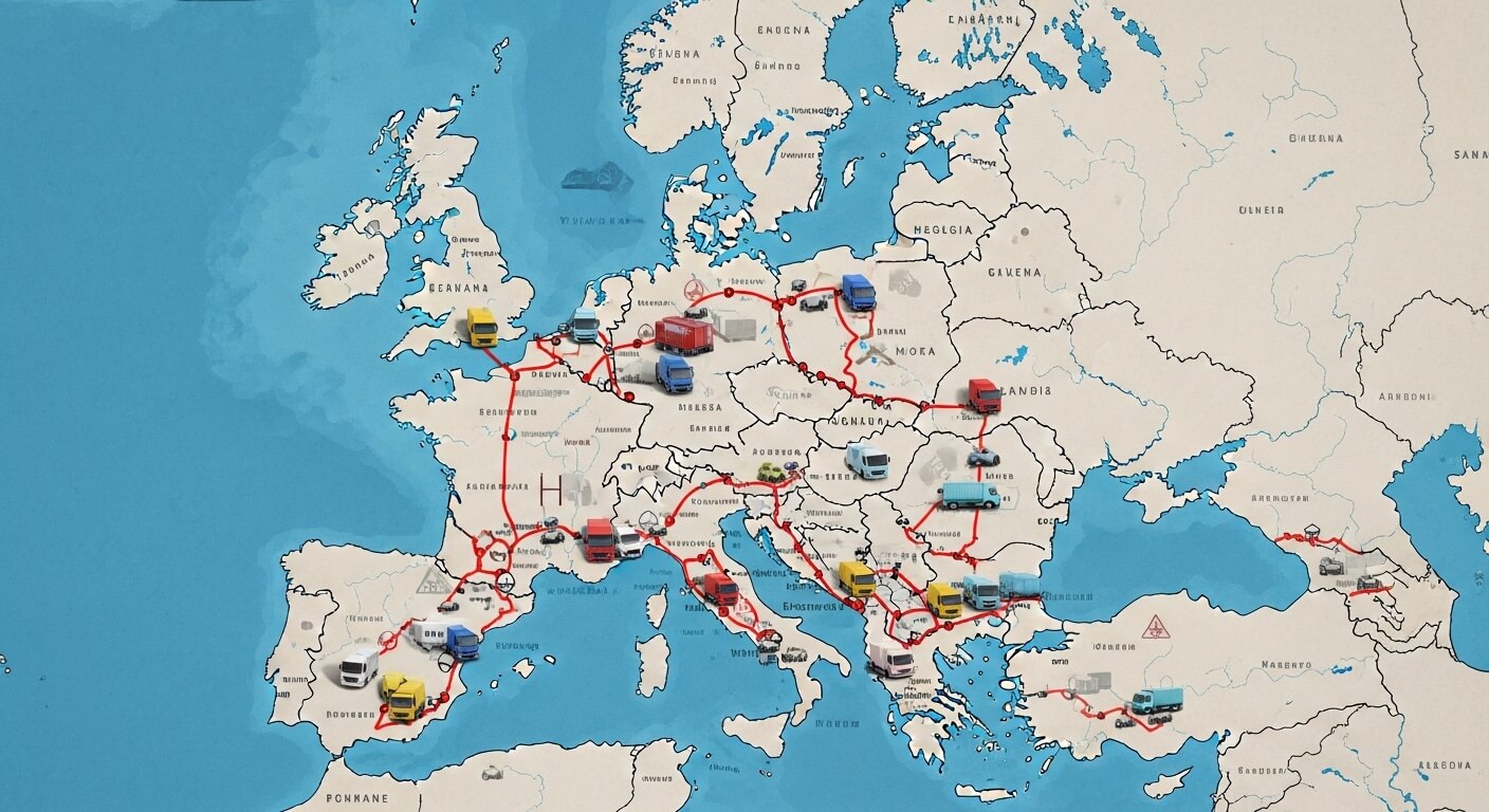 Map of Europe showing major truck routes with various colored trucks and cargo containers along red lines.