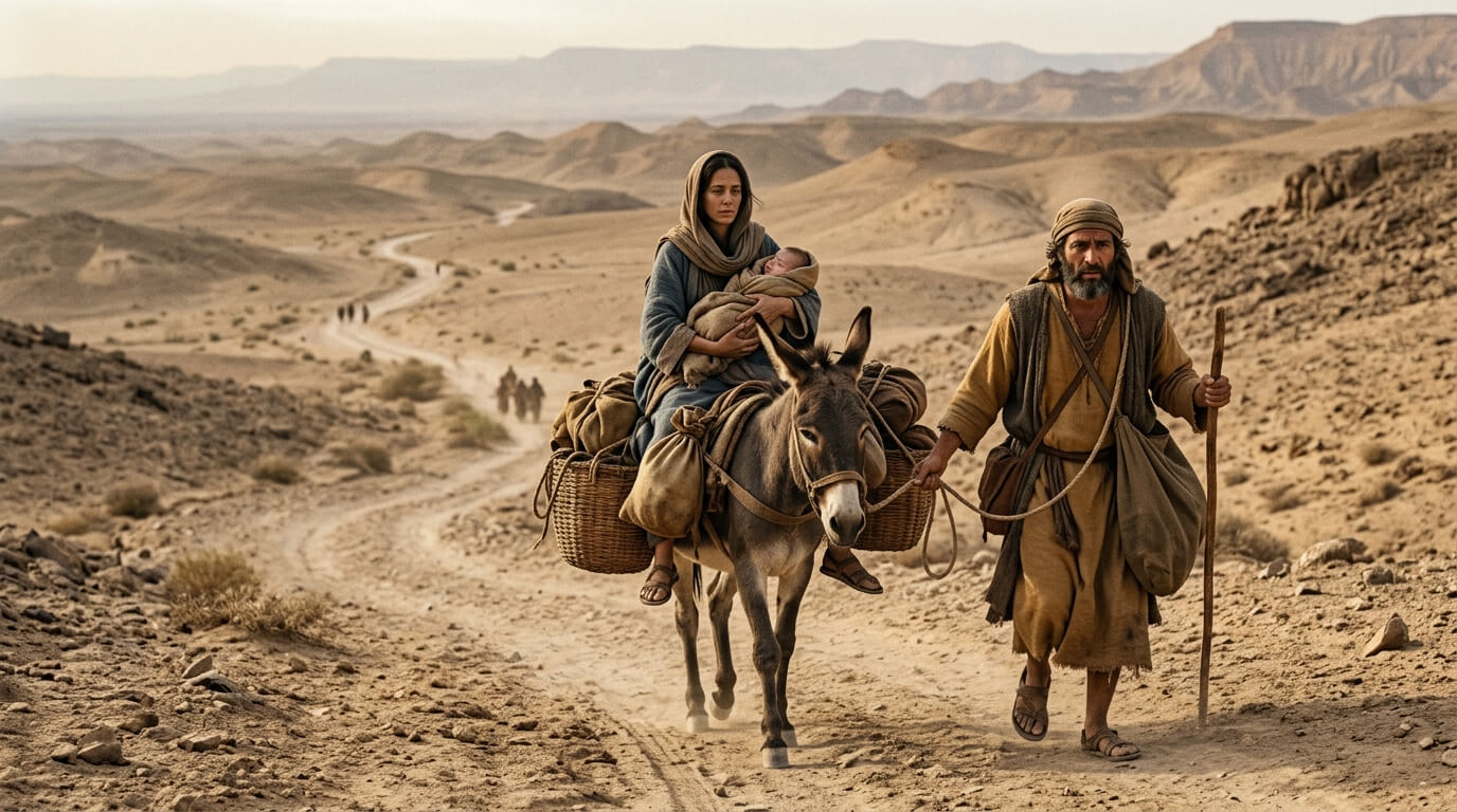 Man leading a donkey carrying a woman holding a baby through a desert landscape with mountains in the background