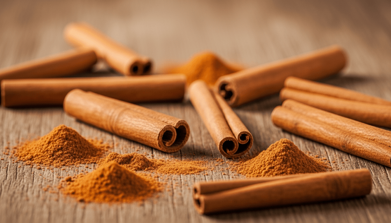 Cinnamon sticks and small piles of ground cinnamon on a wooden surface