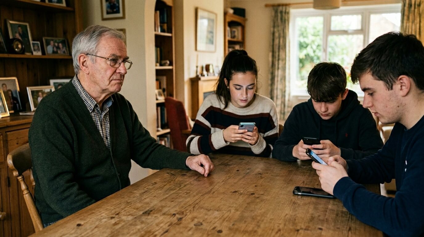 Elderly man sitting at a table with three teenagers focused on their smartphones in a living room.