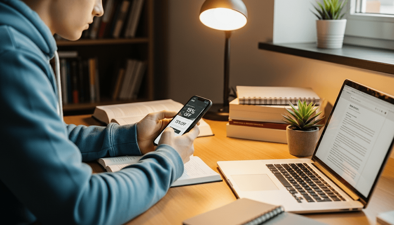 Person in blue hoodie holding smartphone showing 15% off discount while sitting at desk with laptop and books