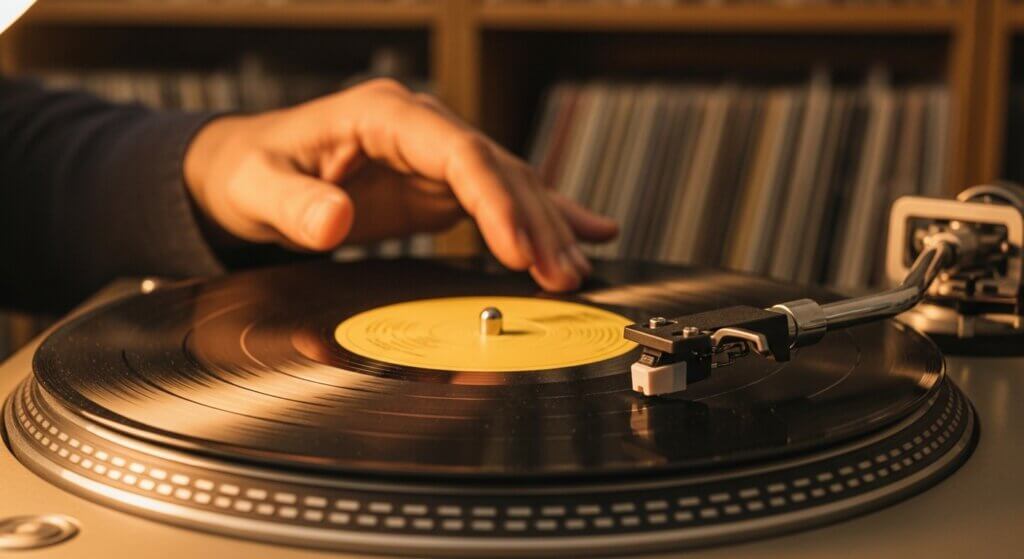 Hand adjusting a vinyl record on a turntable with a yellow label and a background of vinyl records on shelves.