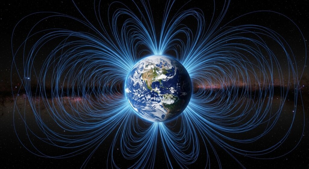 Earth with blue magnetic field lines extending into space against a starry background